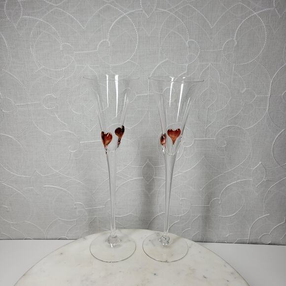 Heart Champagne Flutes 11.5" Red Bohemia Blown Glass Wedding Toast Set of 2 - Picture 4 of 16